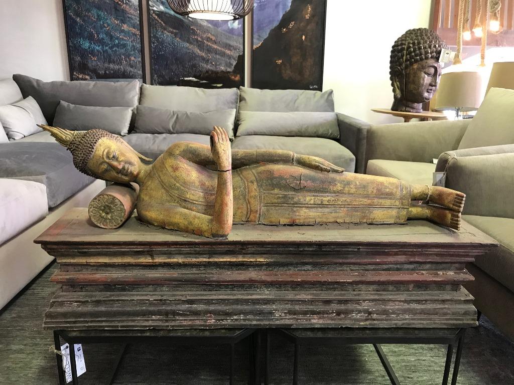 Large Carved Wood, Lacquer and Gilt Reclining Temple Shrine Buddha 4