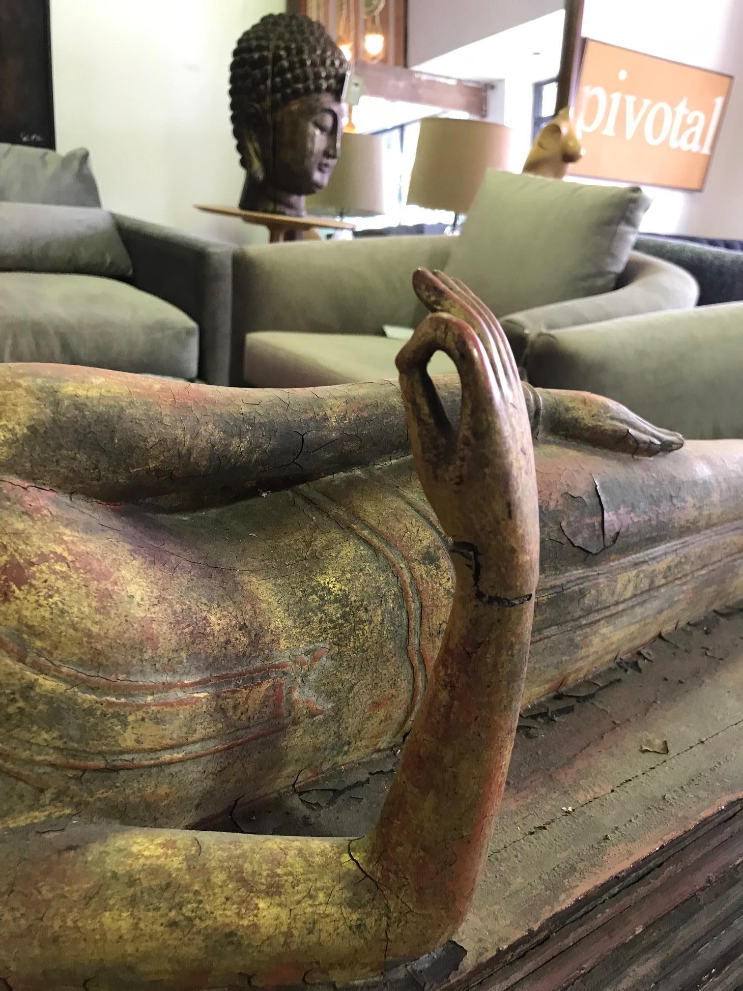 Large Carved Wood, Lacquer and Gilt Reclining Temple Shrine Buddha 2