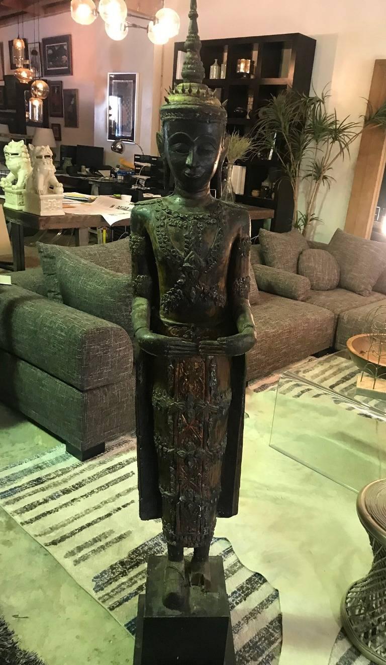 Large Carved Wood, Lacquer and Gilt Standing Thai/ Laotian Buddha on Base 11