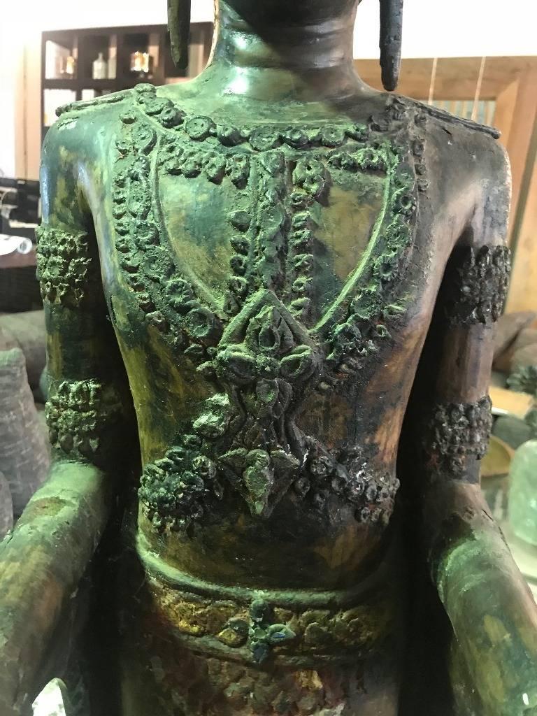 Hand-Carved Large Carved Wood, Lacquer and Gilt Standing Thai/ Laotian Buddha on Base