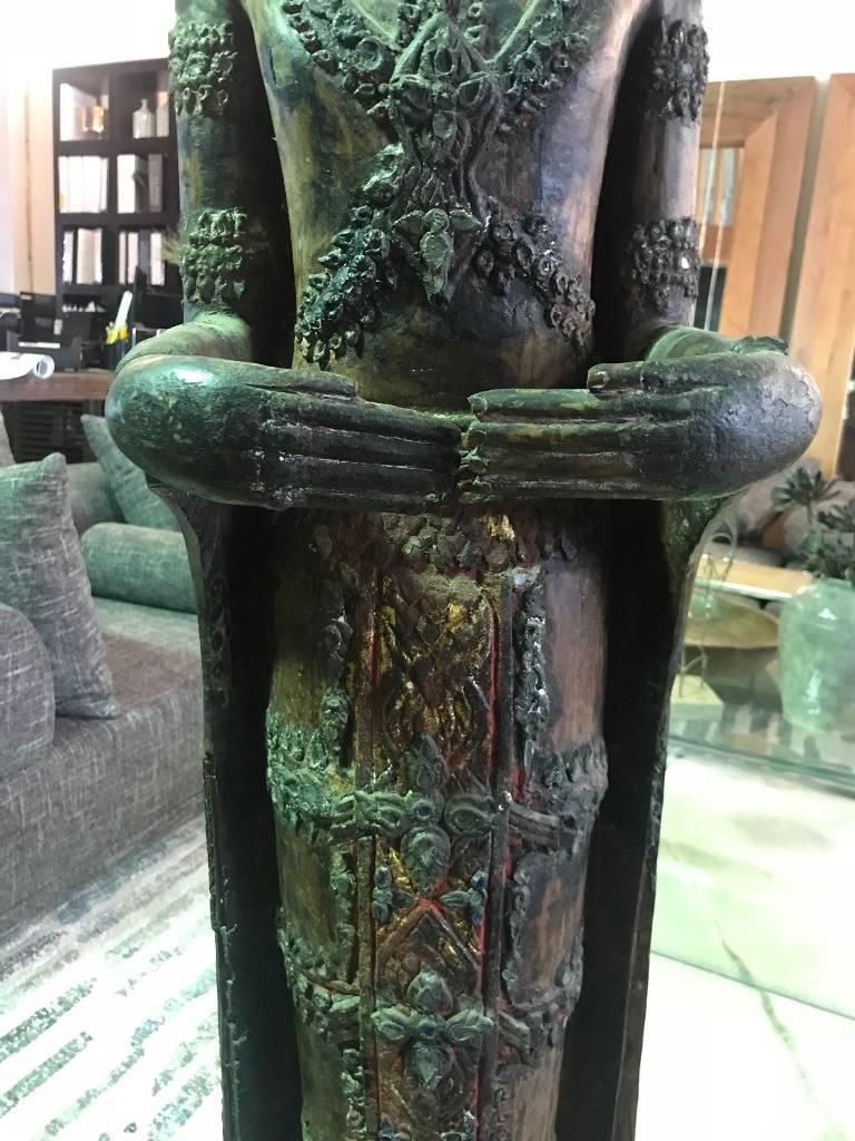 Large Carved Wood, Lacquer and Gilt Standing Thai/ Laotian Buddha on Base In Good Condition In Studio City, CA