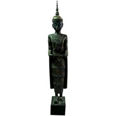 Large Carved Wood, Lacquer and Gilt Standing Thai/ Laotian Buddha on Base