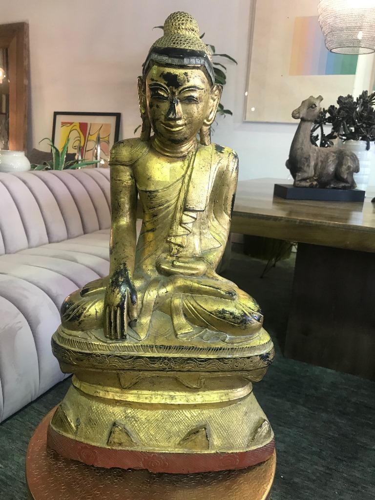 Large Carved Wood, Lacquered and Gilt Seated Temple Shrine Thai or Burma Buddha For Sale 6