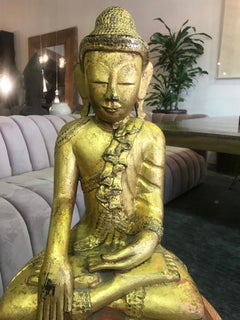 Large Carved Wood, Lacquered and Gilt Seated Temple Buddha