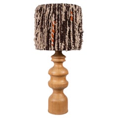 Large carved wood lamp with wool lampshade, French work from the 1960s