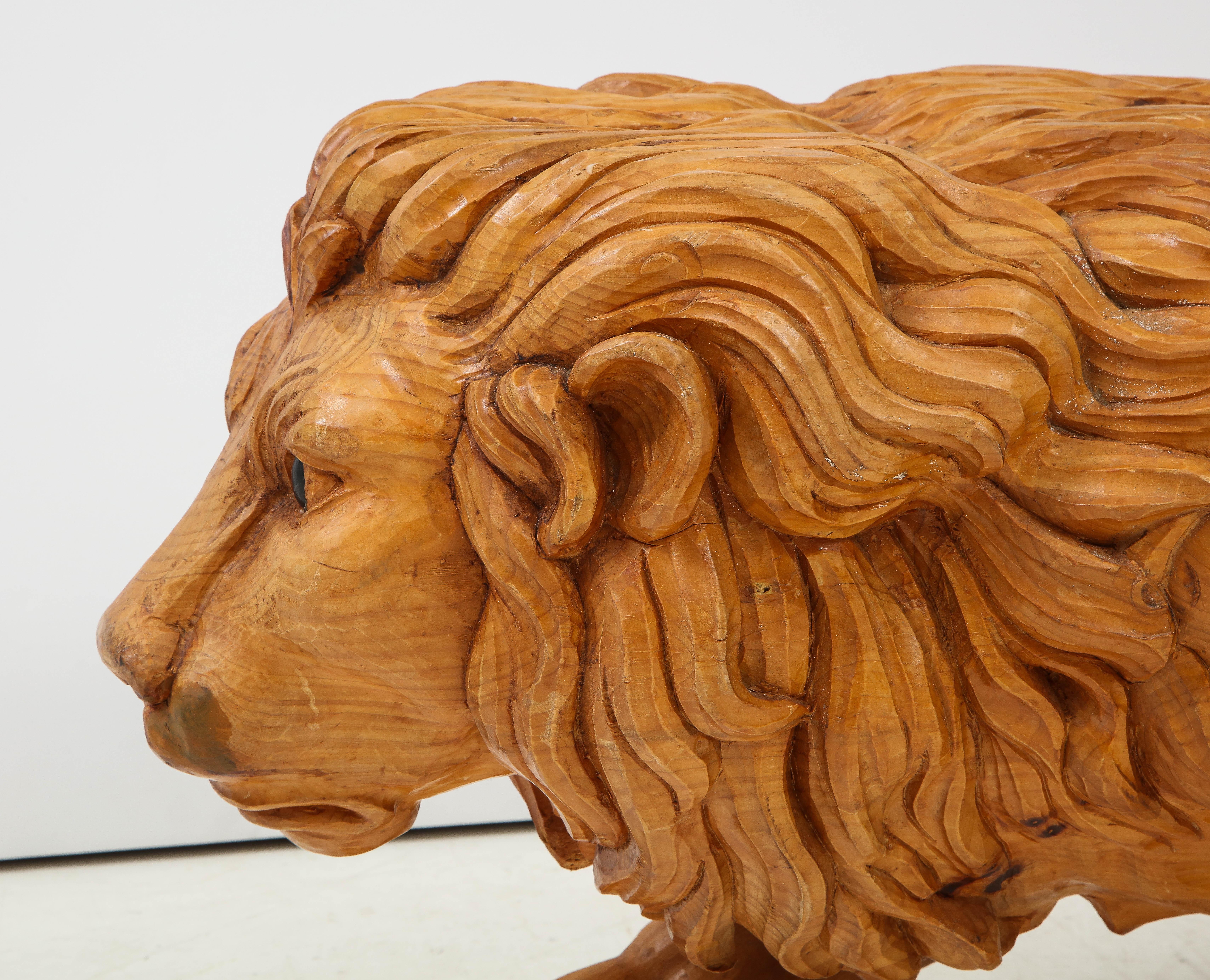 Large Carved Wood Lion Bench 4