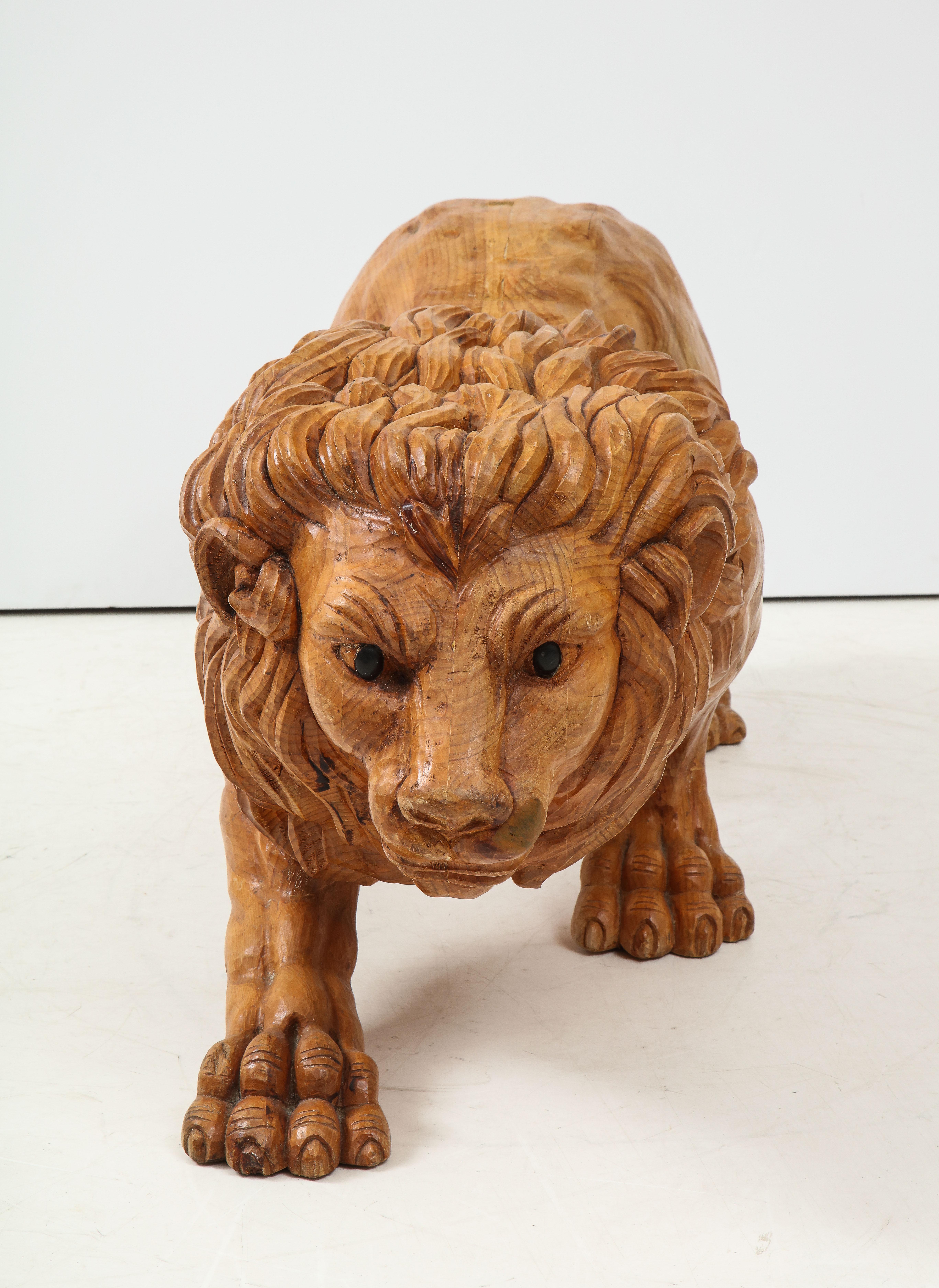 American Large Carved Wood Lion Bench