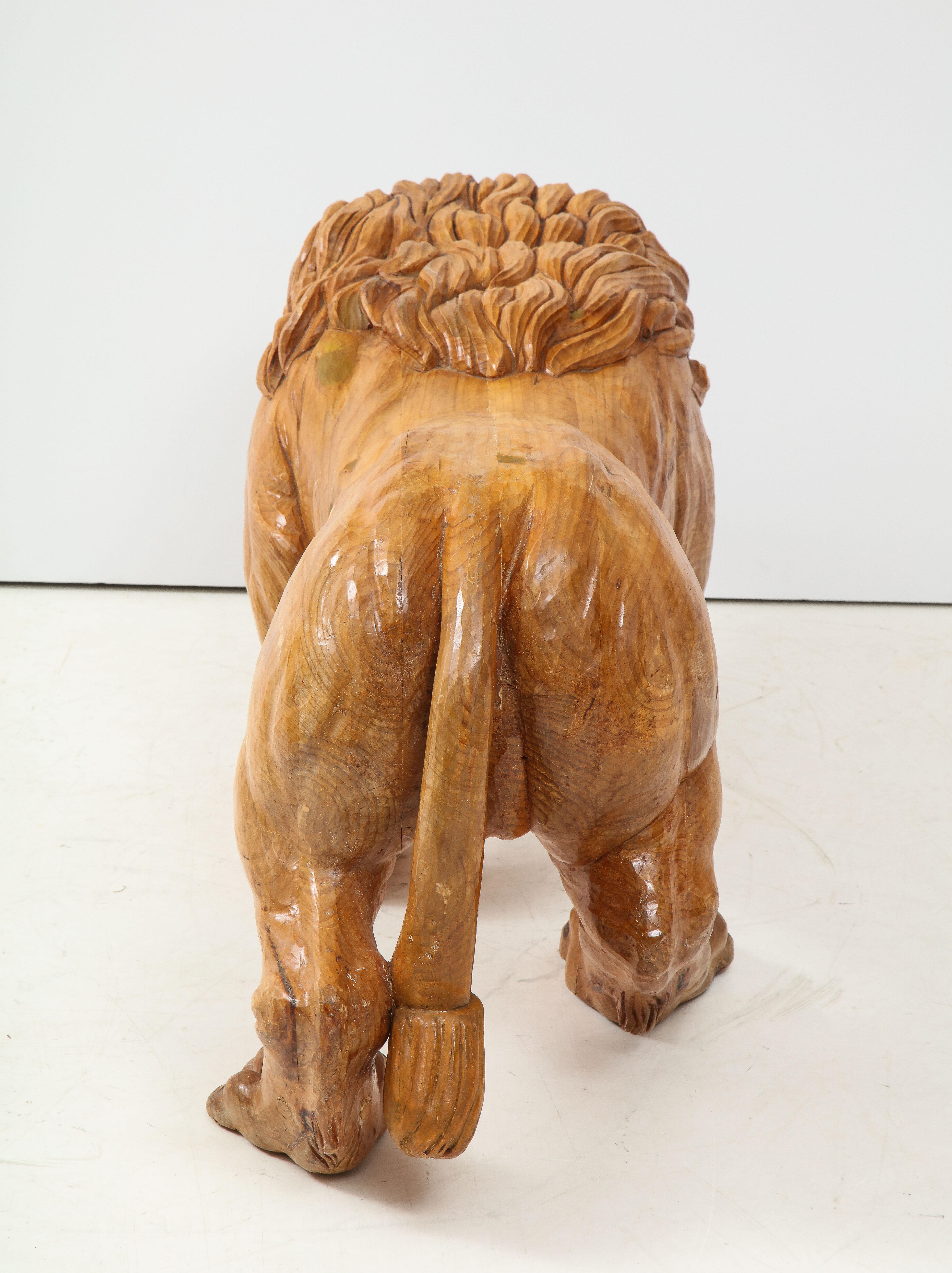 Hand-Carved Large Carved Wood Lion Bench
