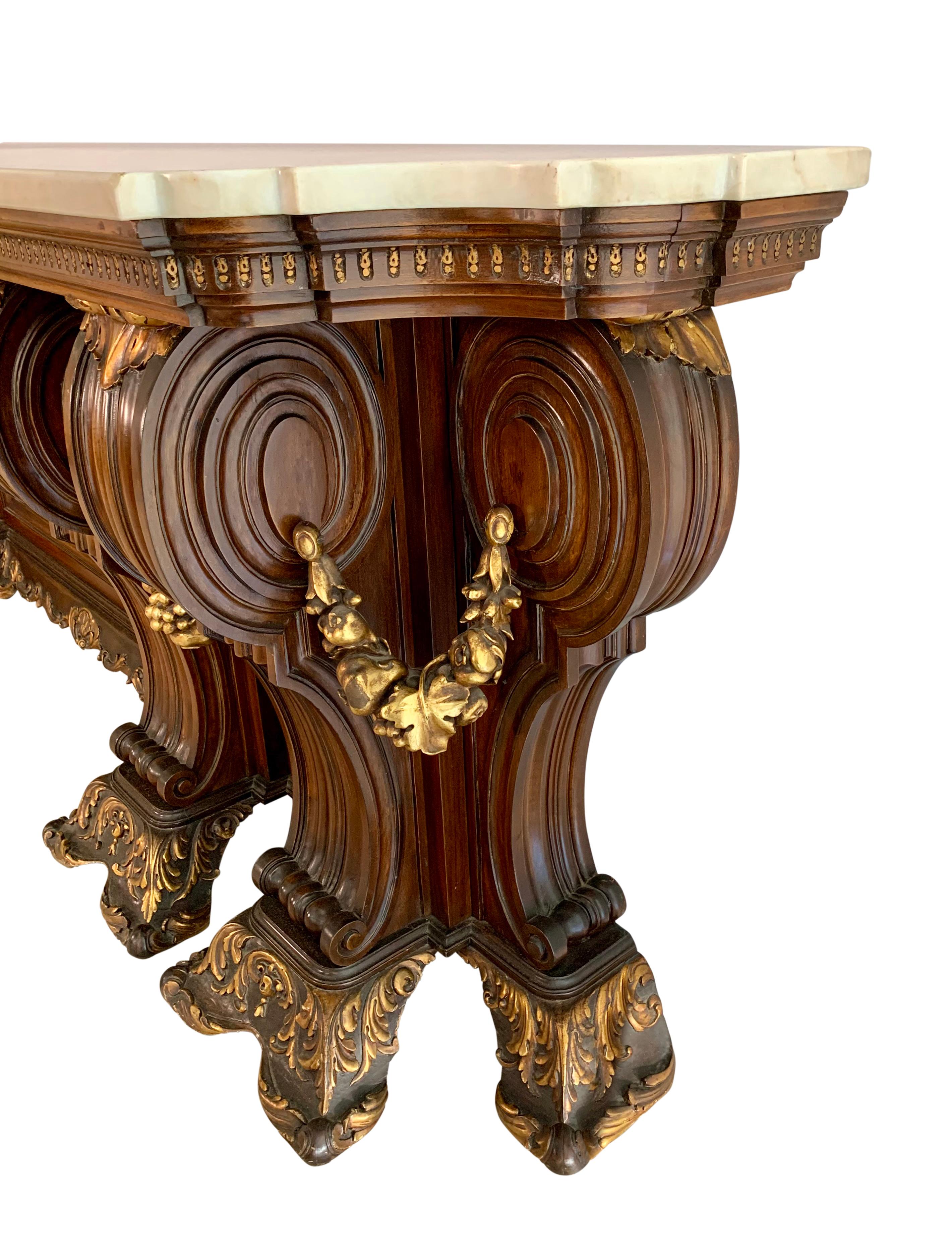 Gilt A Large Venetian Style Italian Carved Wood & Marble Top Console Table For Sale