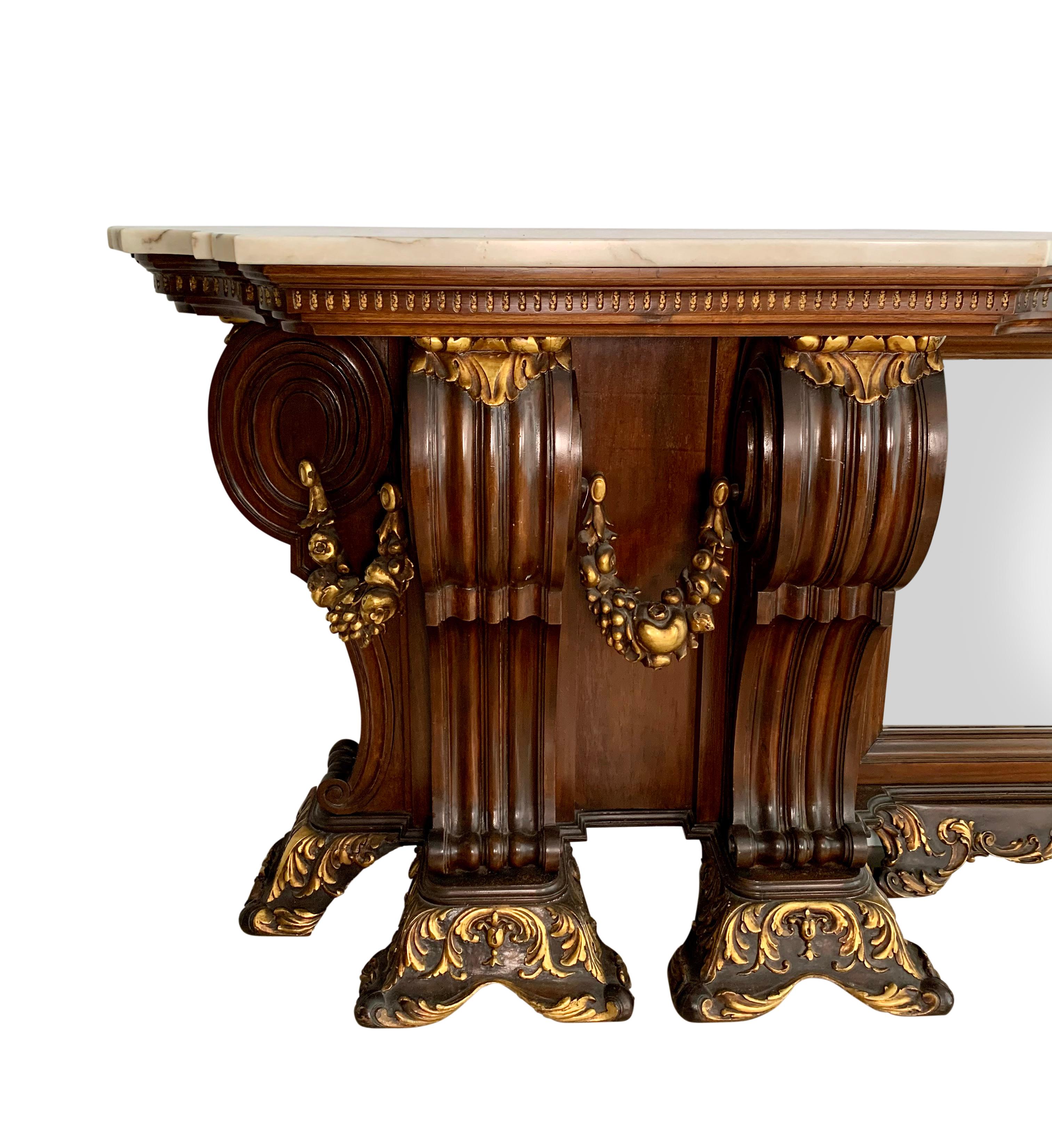 20th Century A Large Venetian Style Italian Carved Wood & Marble Top Console Table For Sale