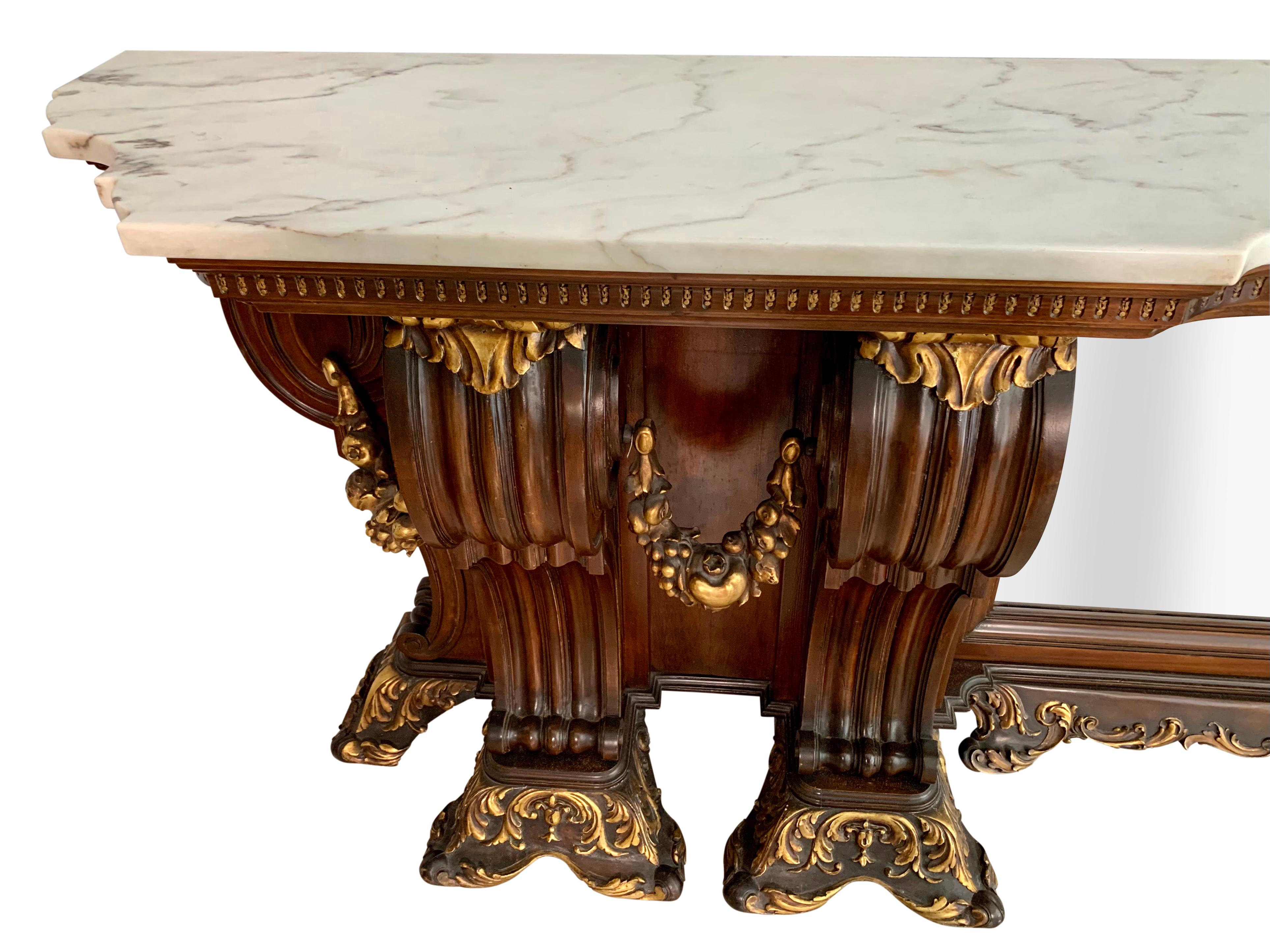 A Large Venetian Style Italian Carved Wood & Marble Top Console Table For Sale 1