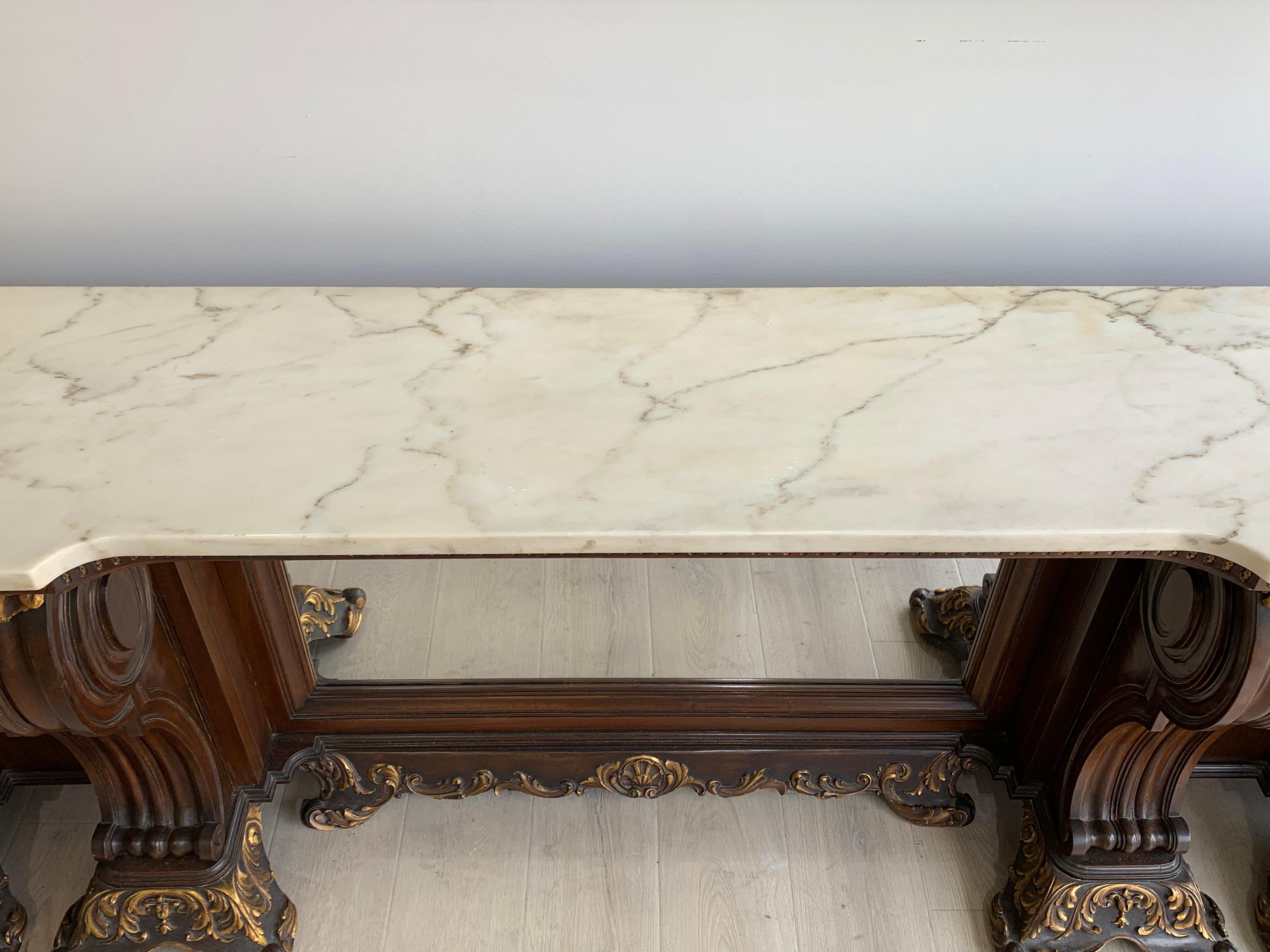 A Large Venetian Style Italian Carved Wood & Marble Top Console Table For Sale 4