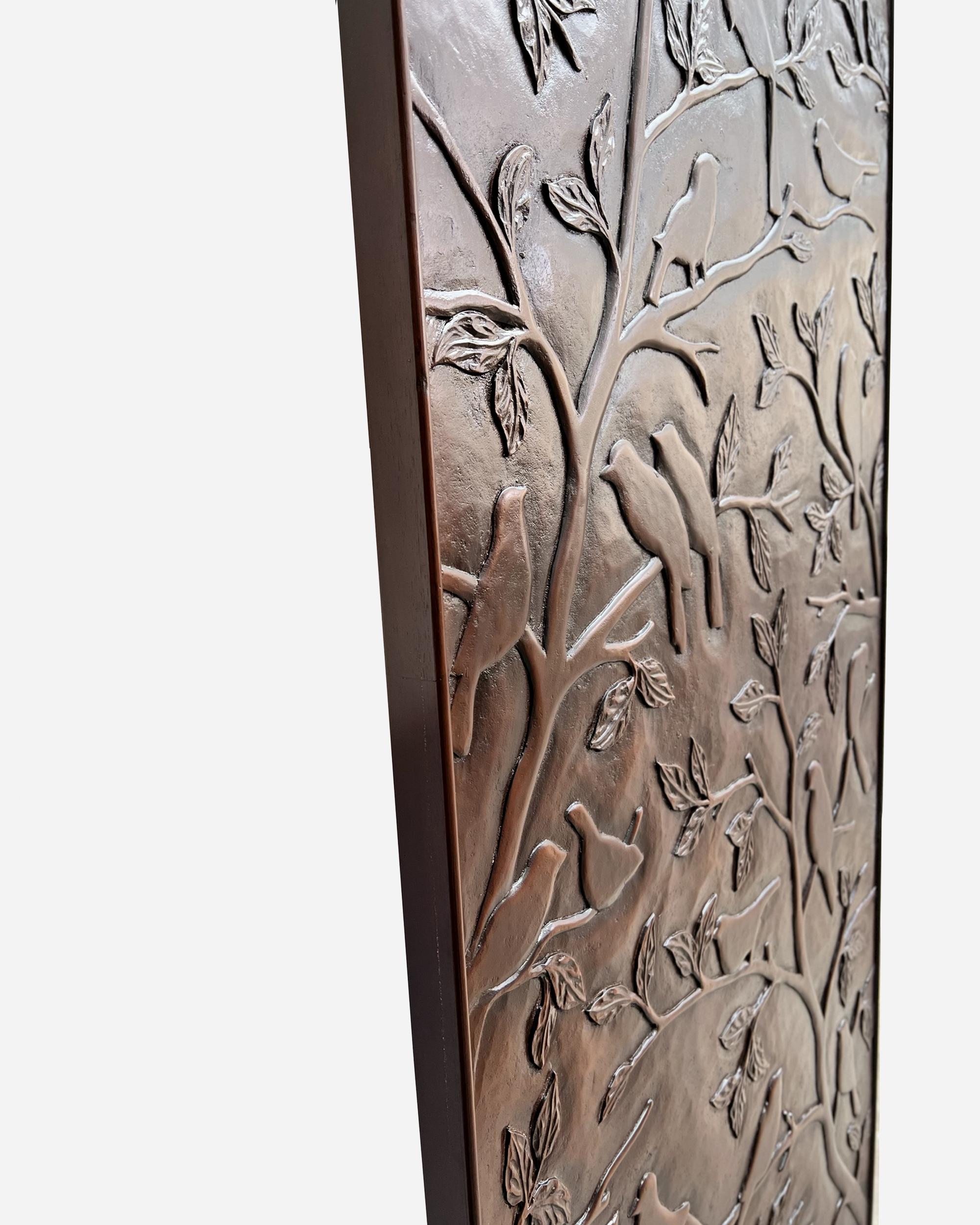 Indonesian Large carved wood panel decorated with birds, Christopher Guy, circa 2000 For Sale