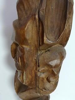 Large Carved Wood TOTEM Sculpture on Steel Base, 1970s