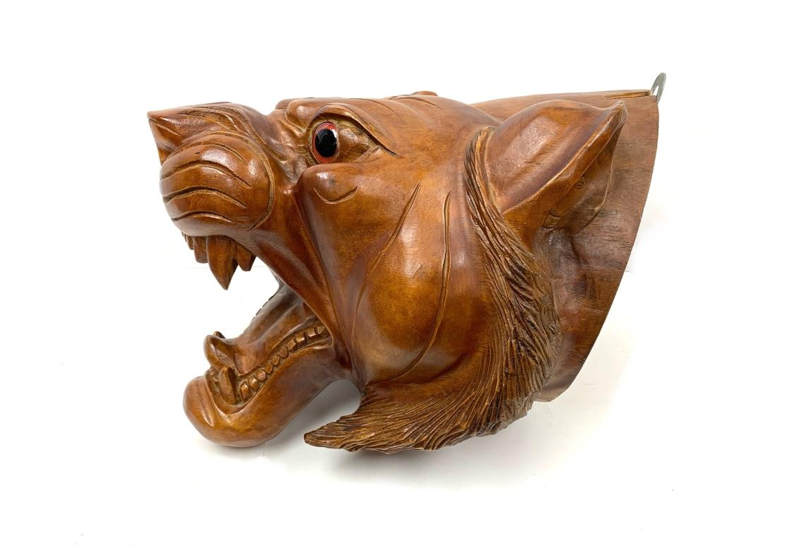 Rustic Large Carved Wood Wall Mounted Tiger Head For Sale