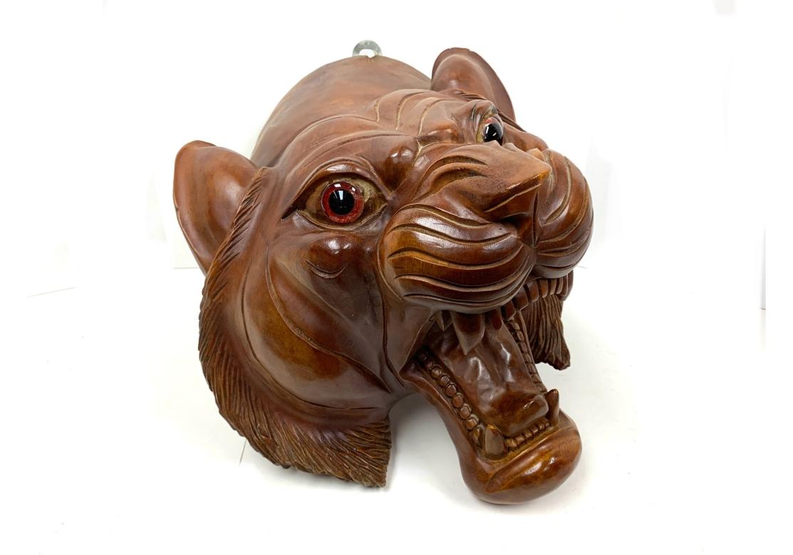 Unknown Large Carved Wood Wall Mounted Tiger Head For Sale