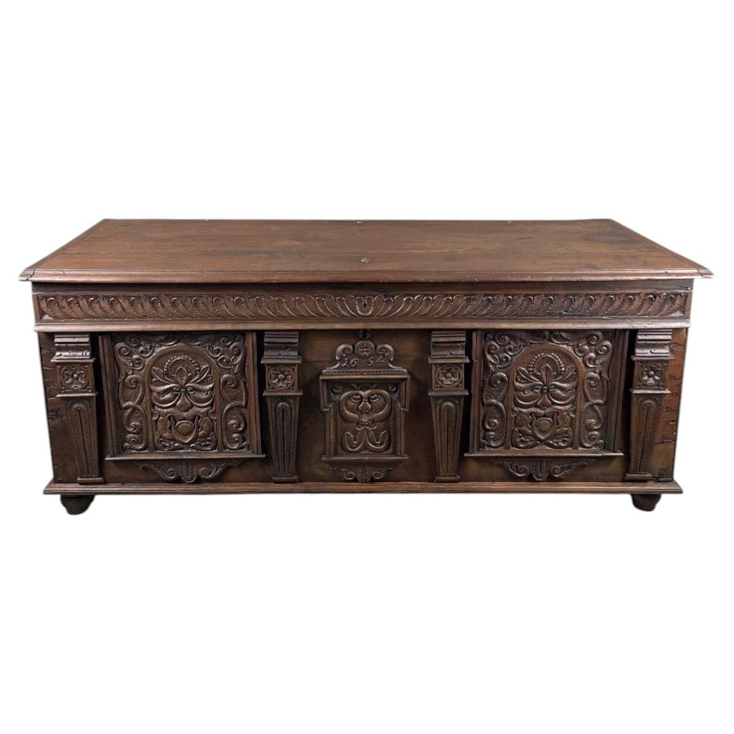 Large Carved Wooden Chest, Renaissance Style, 19th Century For Sale