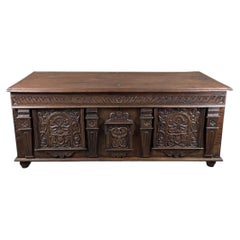 Large Carved Wooden Chest, Renaissance Style, 19th Century