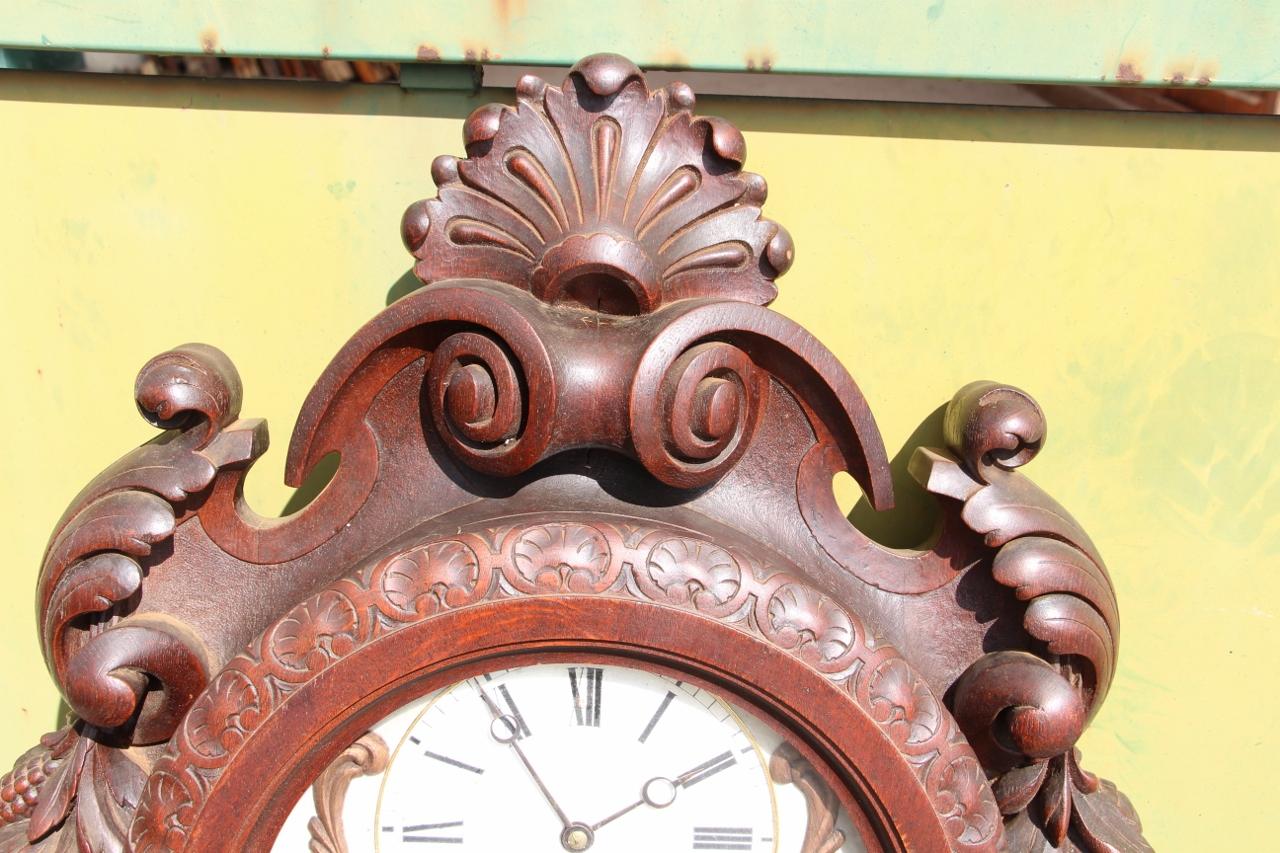French Large Carved Wooden Clock Signed By Paul Mazaroz For Sale
