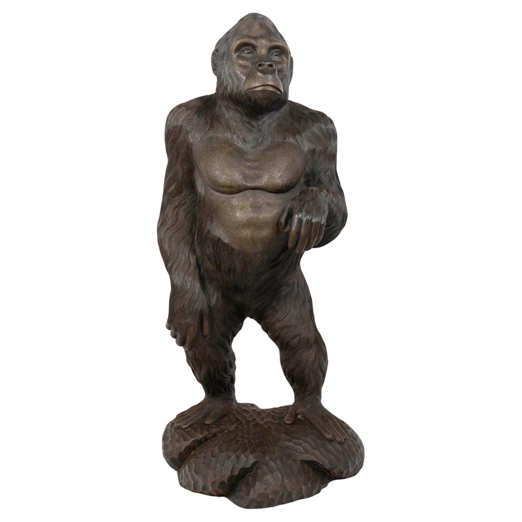 Large Carved Wooden Gorilla Sculpture, 20th Century.