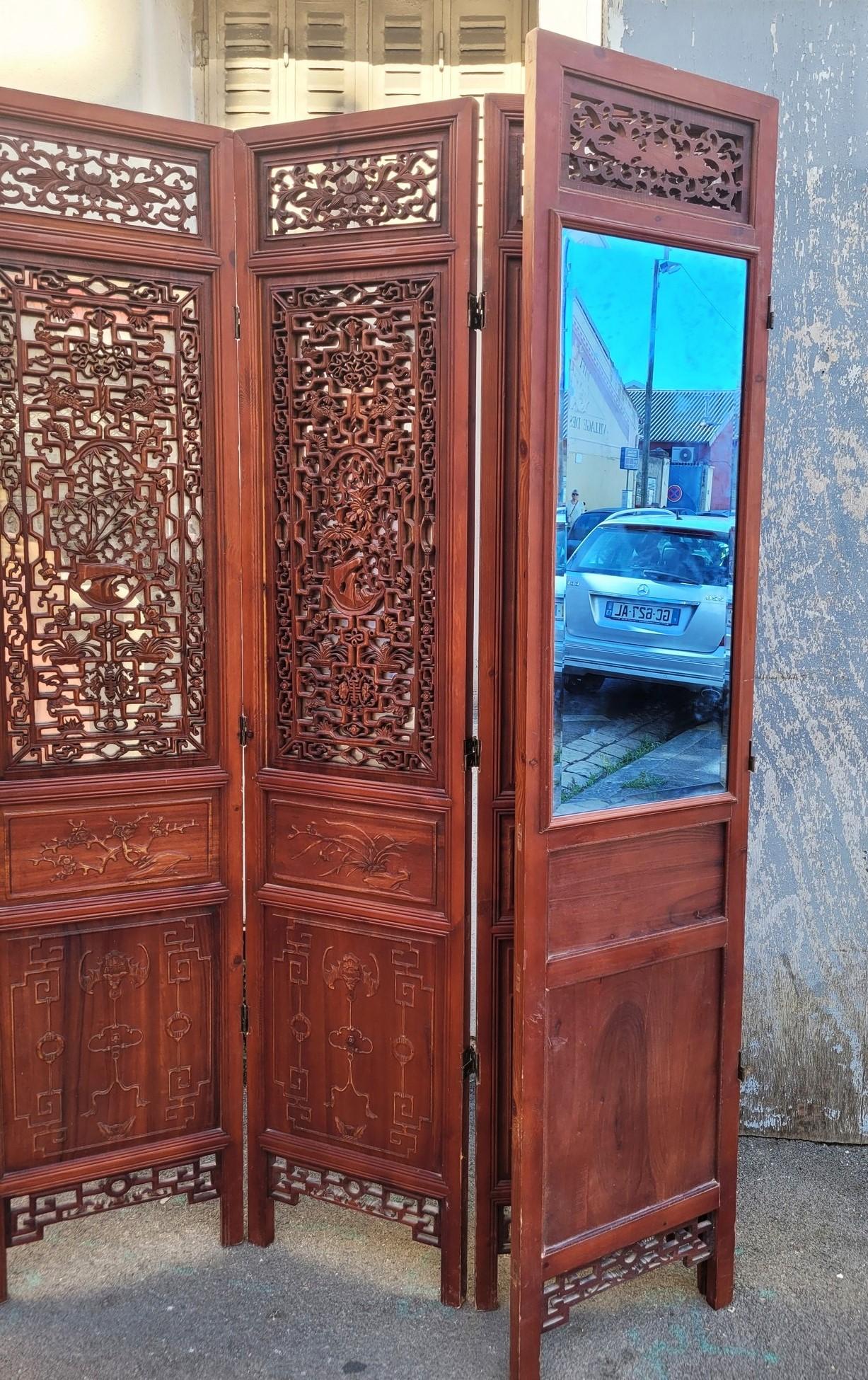 Large Carved Wooden Screen And Mirror, Asia, 20th Century For Sale 9