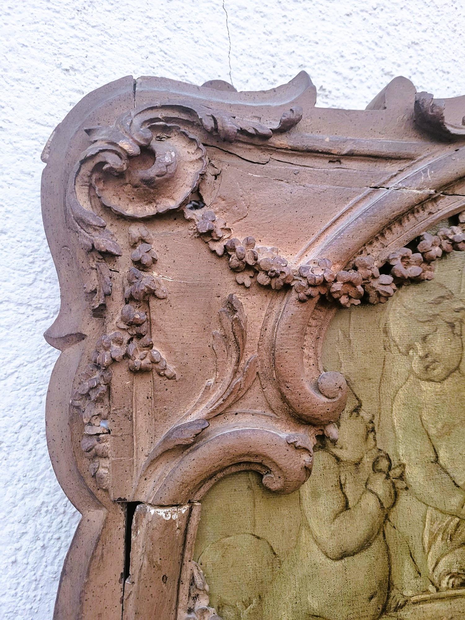 Large trumeau in patinated wood and carved with branches, flowers and birds; it is also decorated with an oil on canvas still life with birds and a vase of flowers
The painting is signed and dated: G Rysbruck 1754 (but surely later)

French work