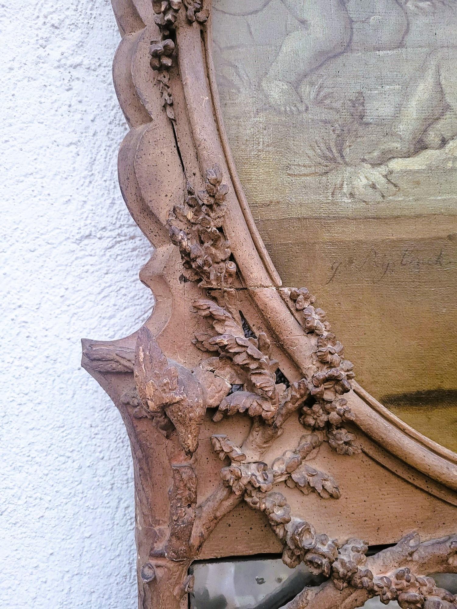 Louis XVI Large Carved Wooden Trumeau With Still Life With Birds, 19th Century