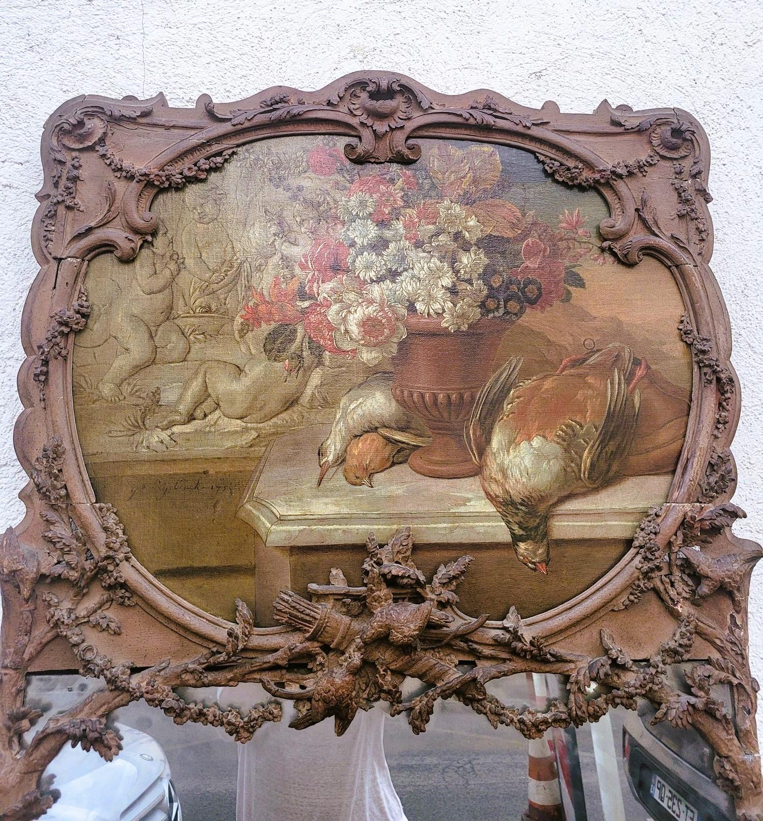 Large Carved Wooden Trumeau With Still Life With Birds, 19th Century In Good Condition In MARSEILLE, FR