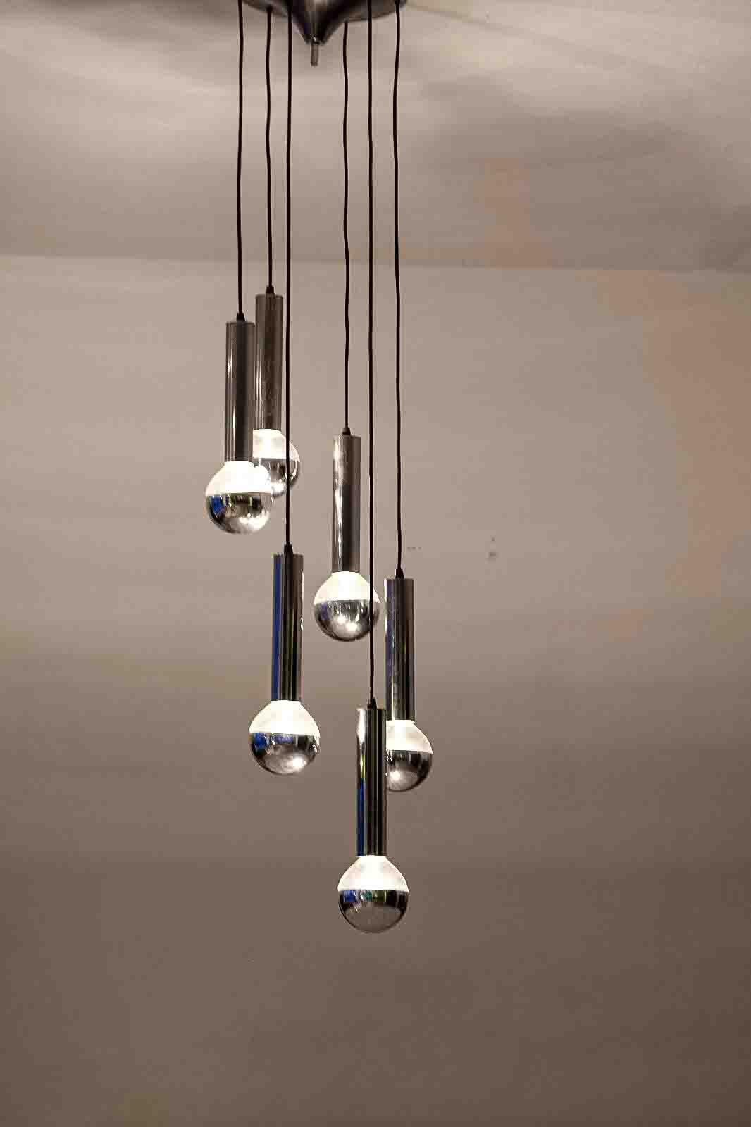 Belgian Large cascade chrome tubular chandelier, 1960s For Sale