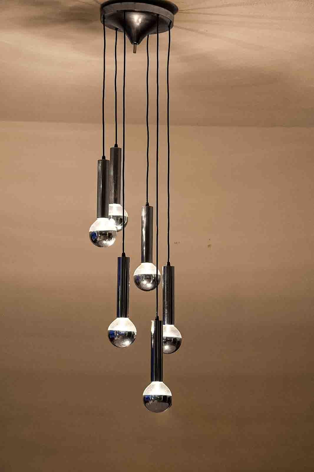 Mid-20th Century Large cascade chrome tubular chandelier, 1960s For Sale