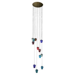  Large Cascading 12 Light  Mid Century Chandelier with Colored Glass Bell Shades