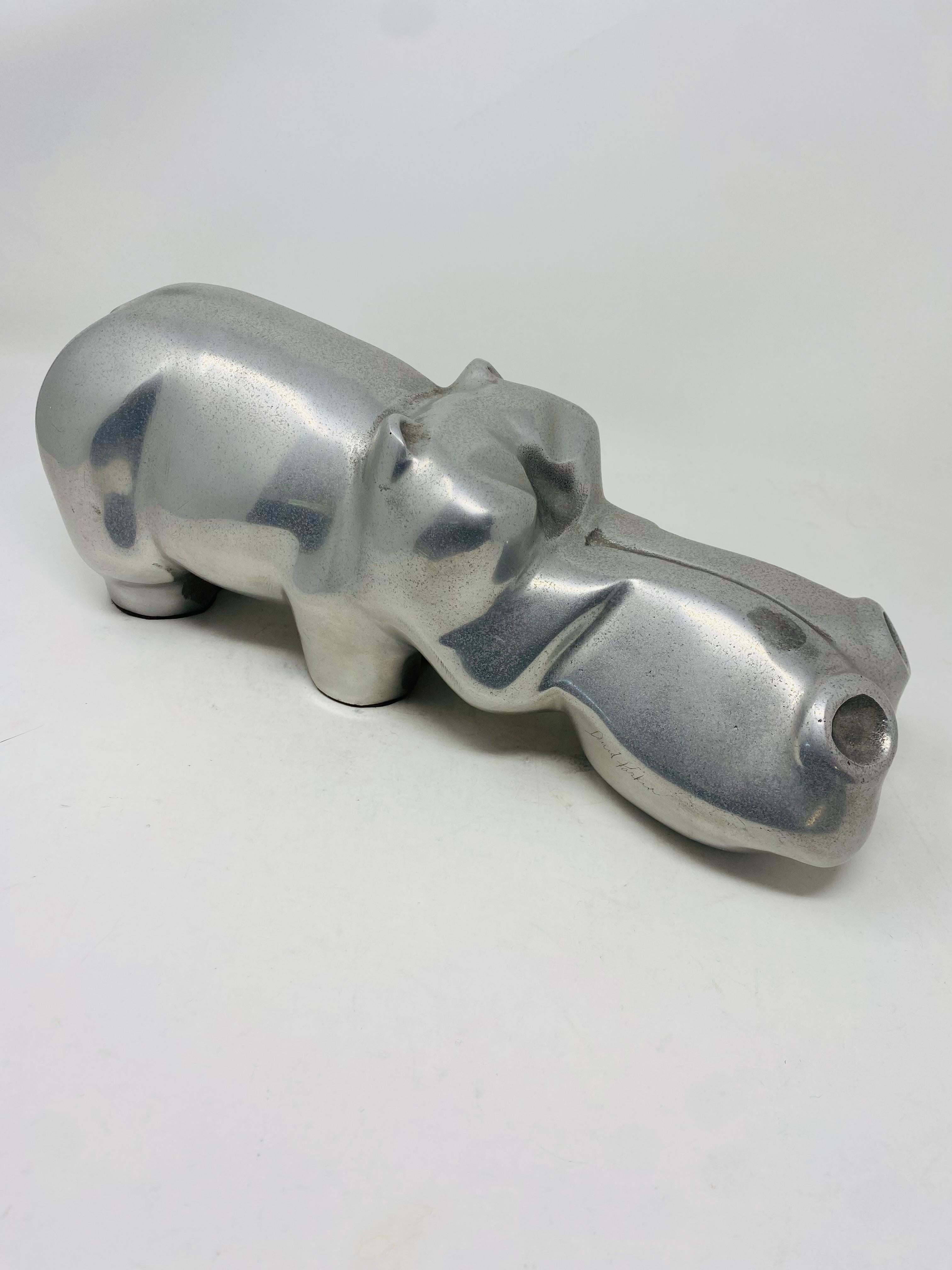 Large cast aluminum hippo sculpture by David Parkin, 1970s. Sandcast aluminum in editions of 450, Parkin's table-size animal sculptures of the “Nature of the Beast” collection was sold originally at Georg Jensen, Bloomingdale's and Reflections in