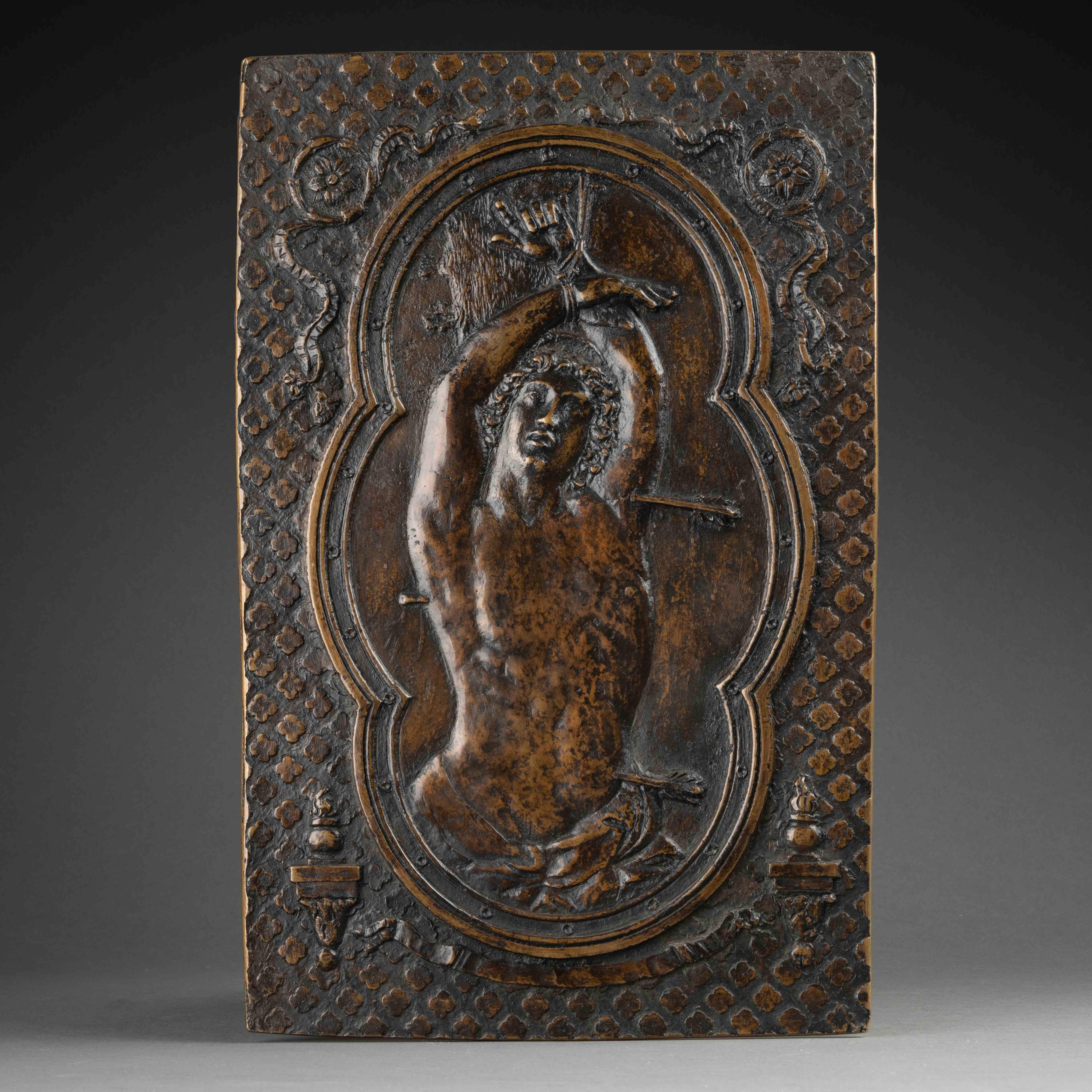 Große Plakette aus gegossener und gemeißelter Bronze – Heiliger Sebastian, Rom, 17. Jahrhundert (Barock) im Angebot