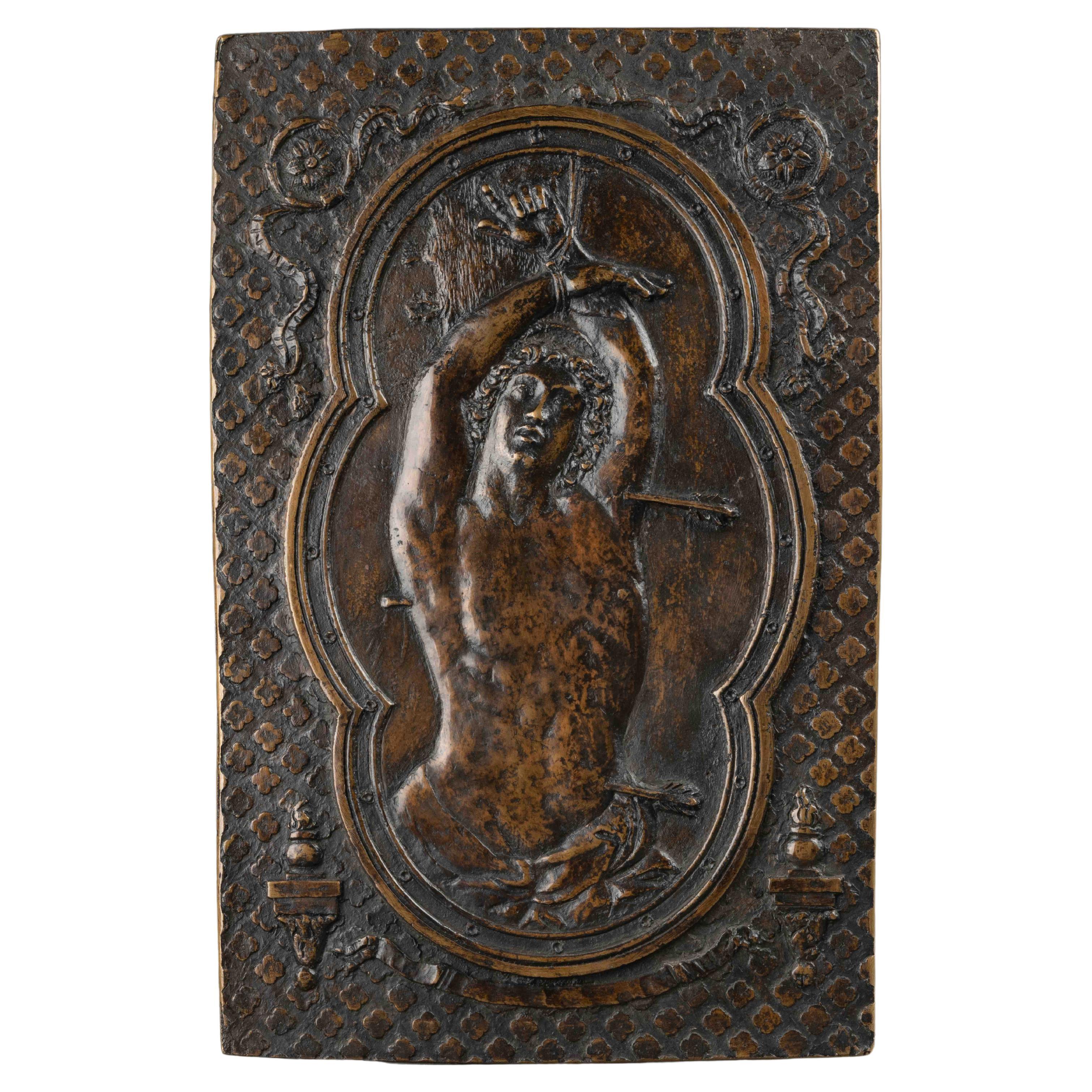 Große Plakette aus gegossener und gemeißelter Bronze – Heiliger Sebastian, Rom, 17. Jahrhundert im Angebot