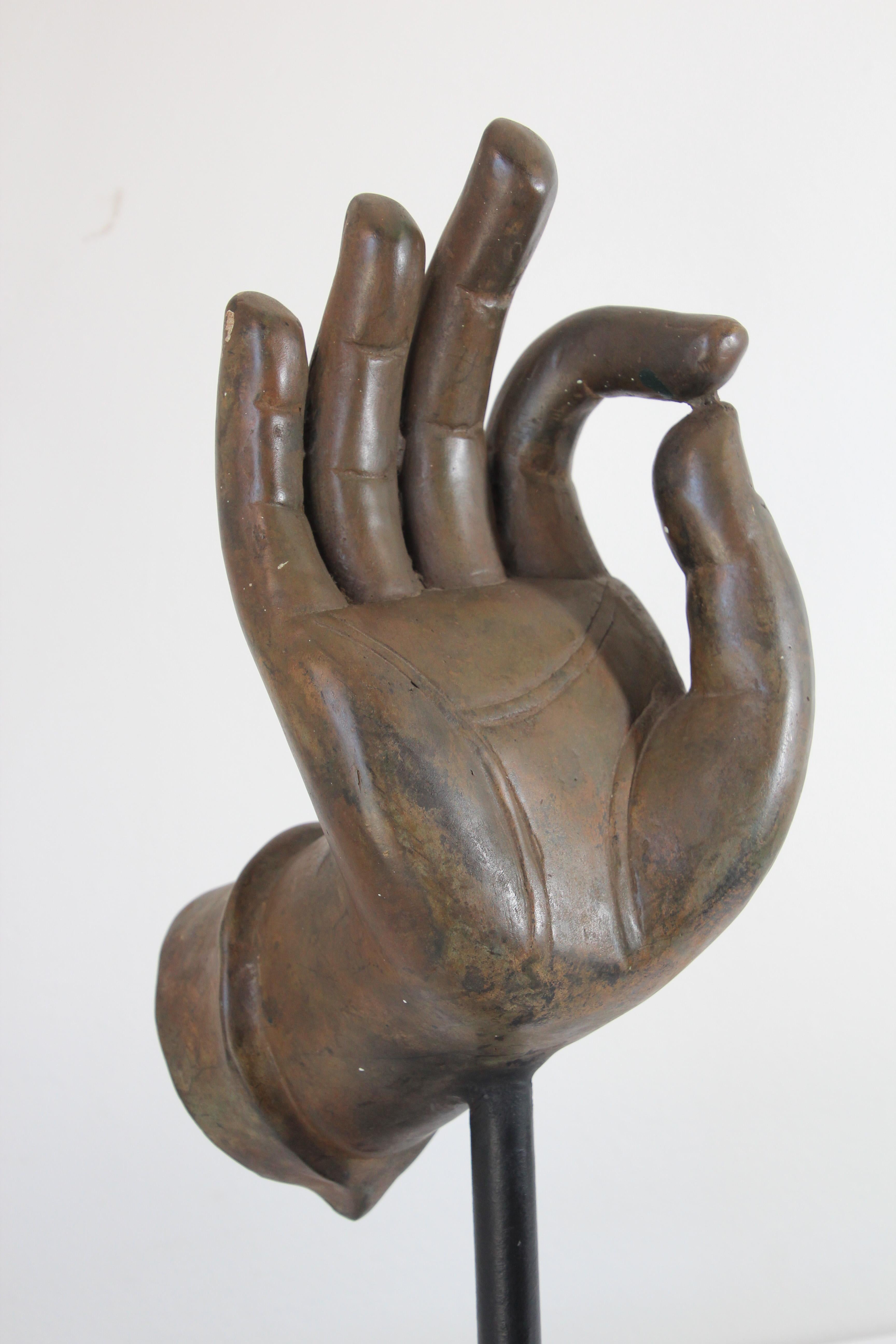 Large Cast Bronze Buddha Hand Sculpture on Stand For Sale 4