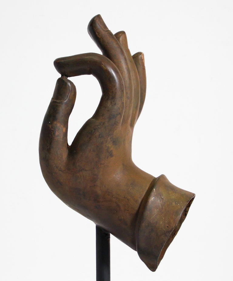 Large Cast Bronze Buddha Hand Sculpture on Stand For Sale at 1stDibs