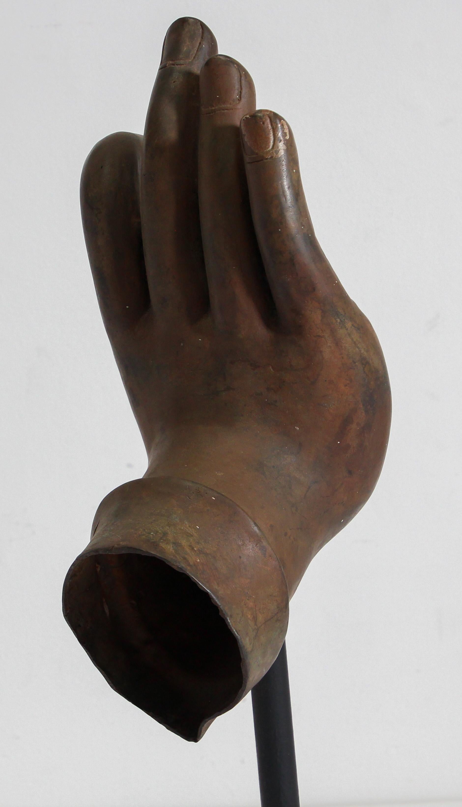 Large Cast Bronze Buddha Hand Sculpture on Stand In Fair Condition For Sale In North Hollywood, CA