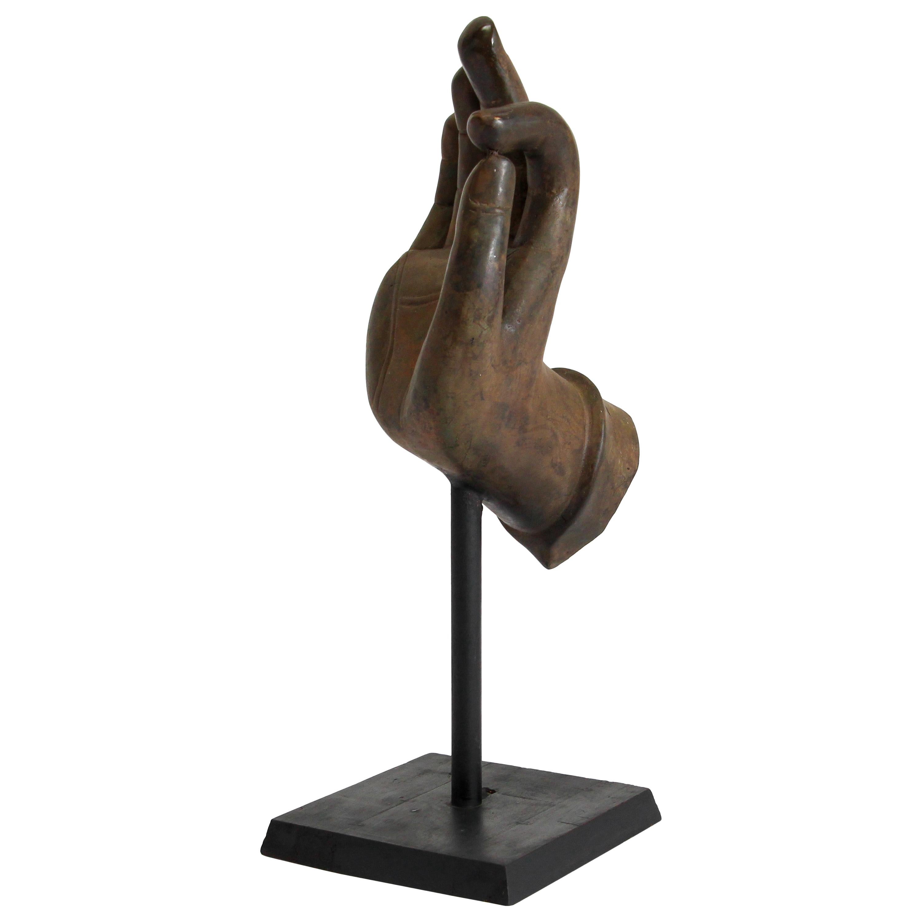 Large Cast Bronze Buddha Hand Sculpture on Stand For Sale