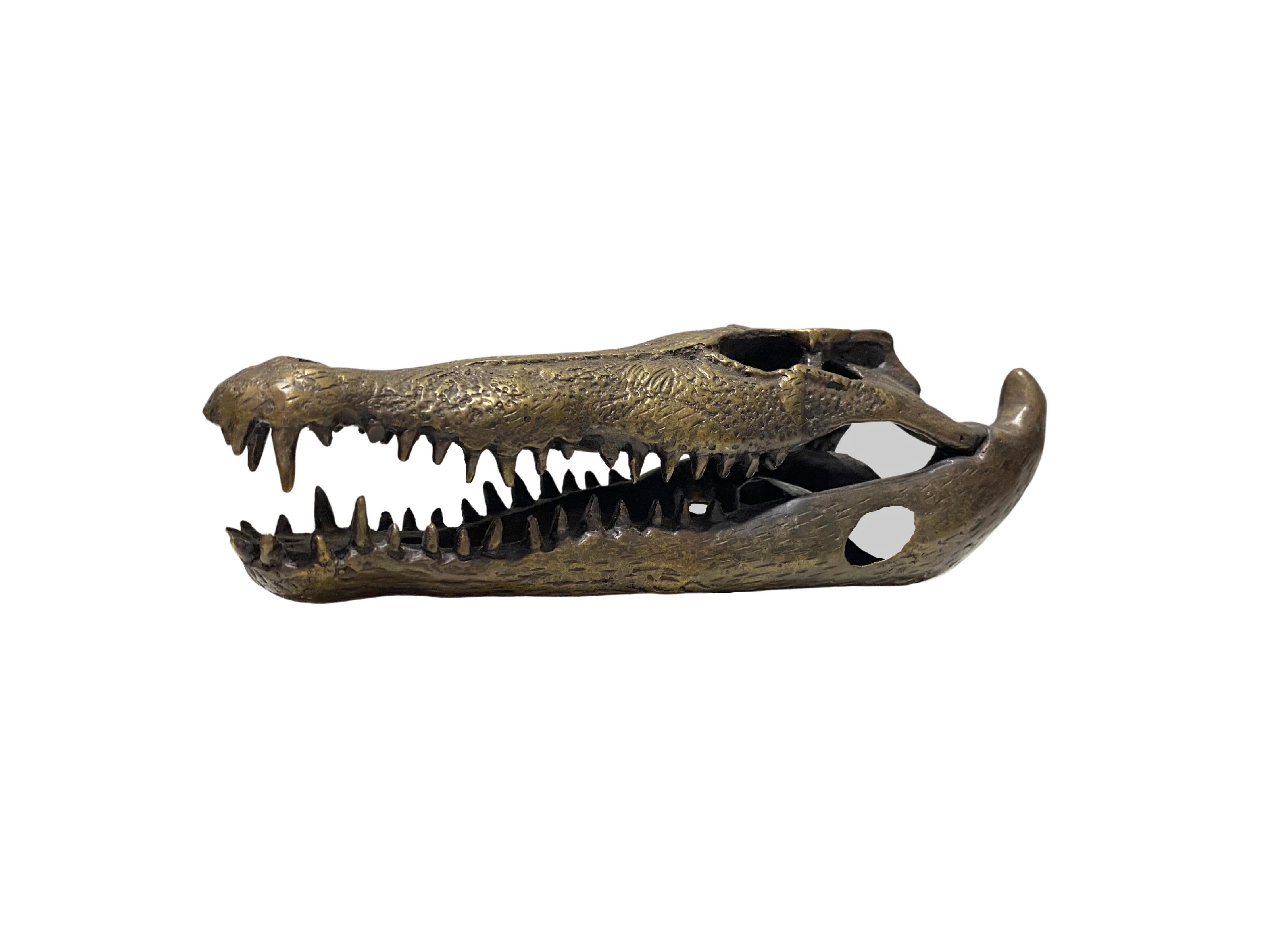 Modern Life Sized Cast Bronze Crocodile Skull Sculpture For Sale