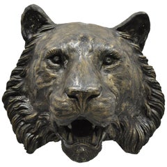 Retro Large Cast Bronze Tiger Head Wall Sculpture Statue Wildlife Taxidermy Collector