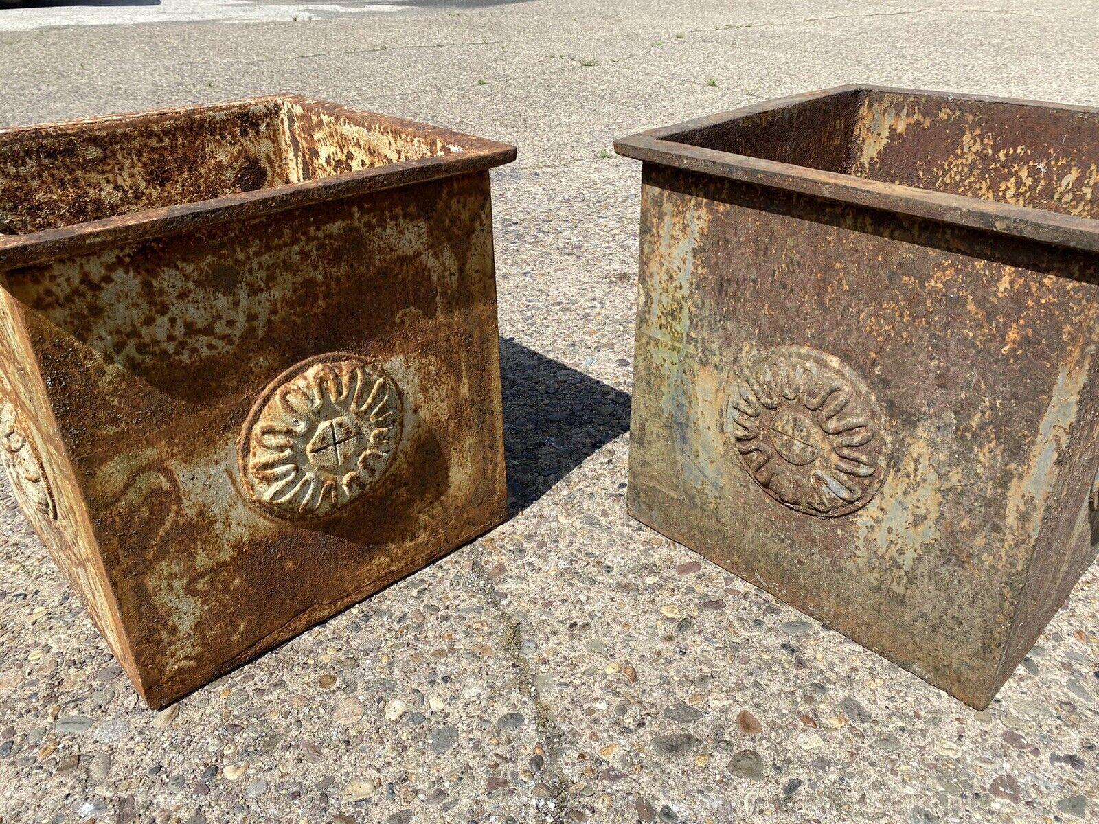 Neoclassical Large Cast Iron Square French Industrial Style Garden Planter Box, a Pair