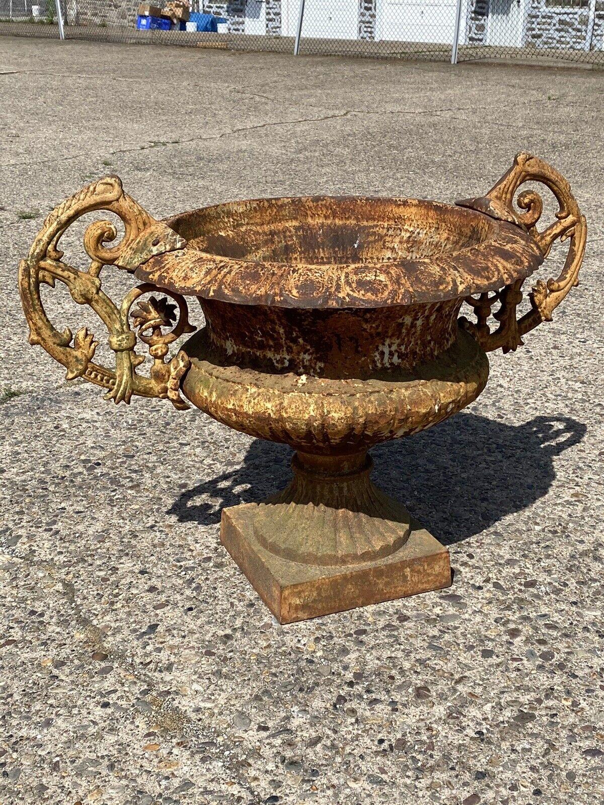 Neoclassical Large Cast Iron Wide French Victorian Campana Urn Garden Planter w Handles B For Sale