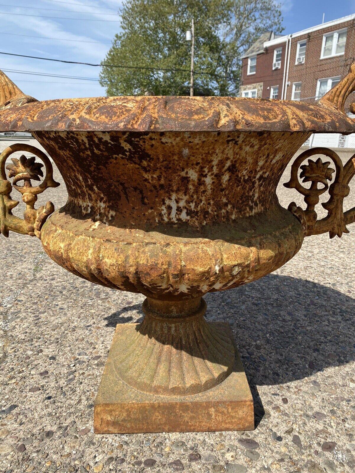Large Cast Iron Wide French Victorian Campana Urn Garden Planter w Handles B In Good Condition For Sale In Philadelphia, PA