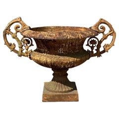 Retro Large Cast Iron Wide French Victorian Campana Urn Garden Planter w Handles B