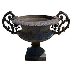 Retro Large Cast Iron Wide French Victorian Campana Urn Garden Planter W/ Handles