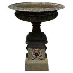 Used Large Cast Iron Classical Lion Round Urn Outdoor Garden Planter on Base