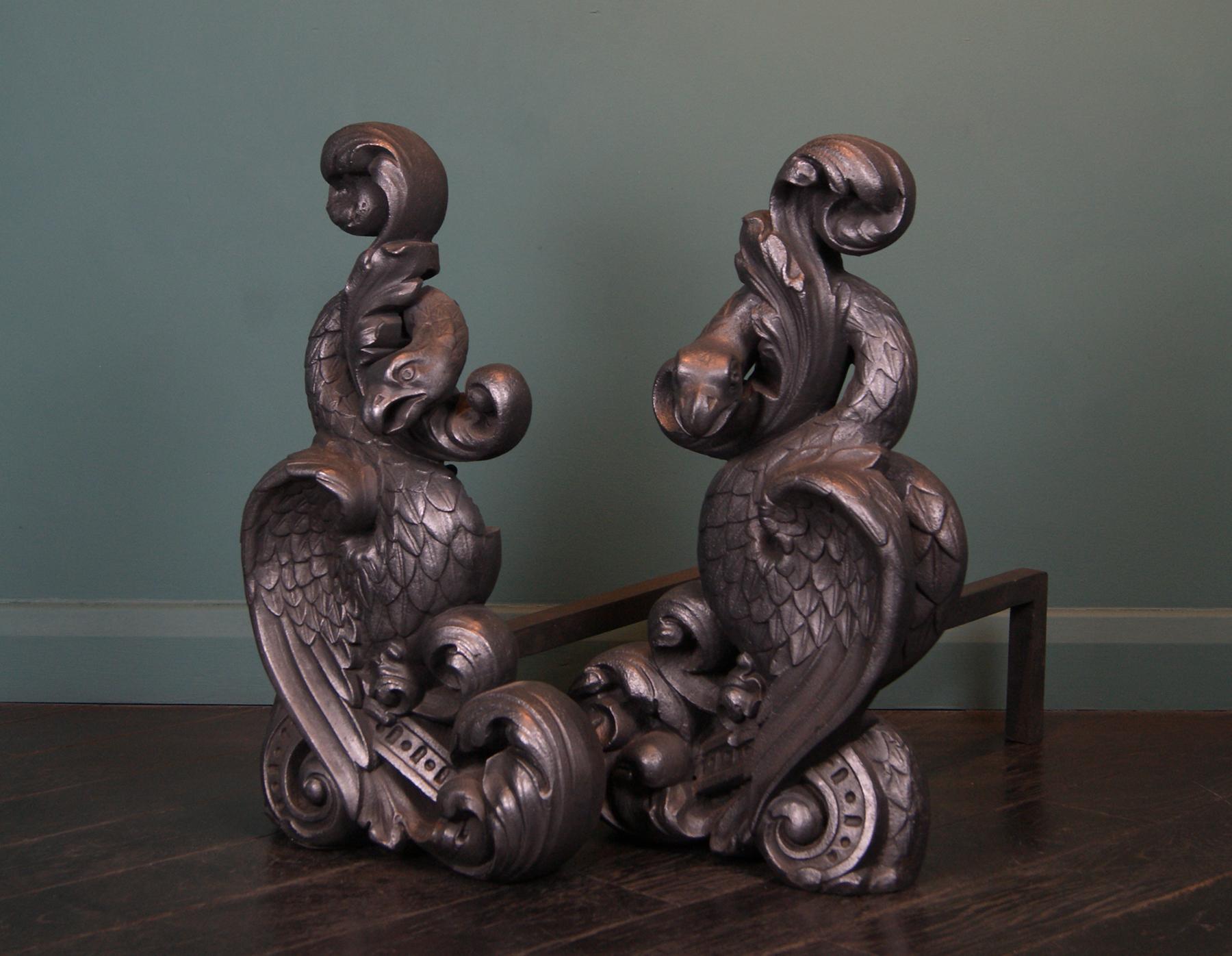 Georgian Large Early 19th Century Black Cast-Iron Baronial Andirons For Sale