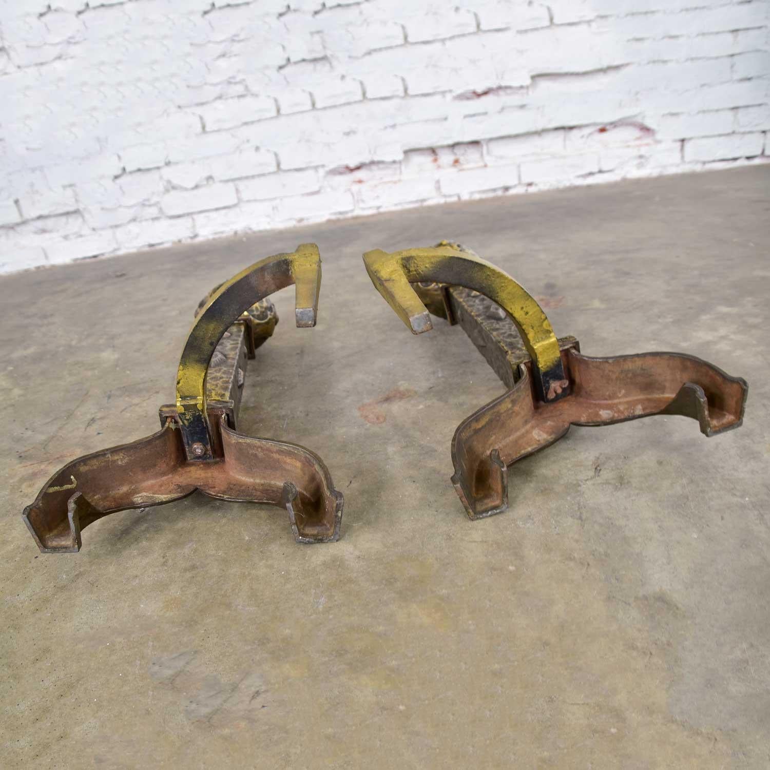 Large Cast Iron Bronze Plated Arts & Crafts Cannonball Andirons or Fire Dogs 4