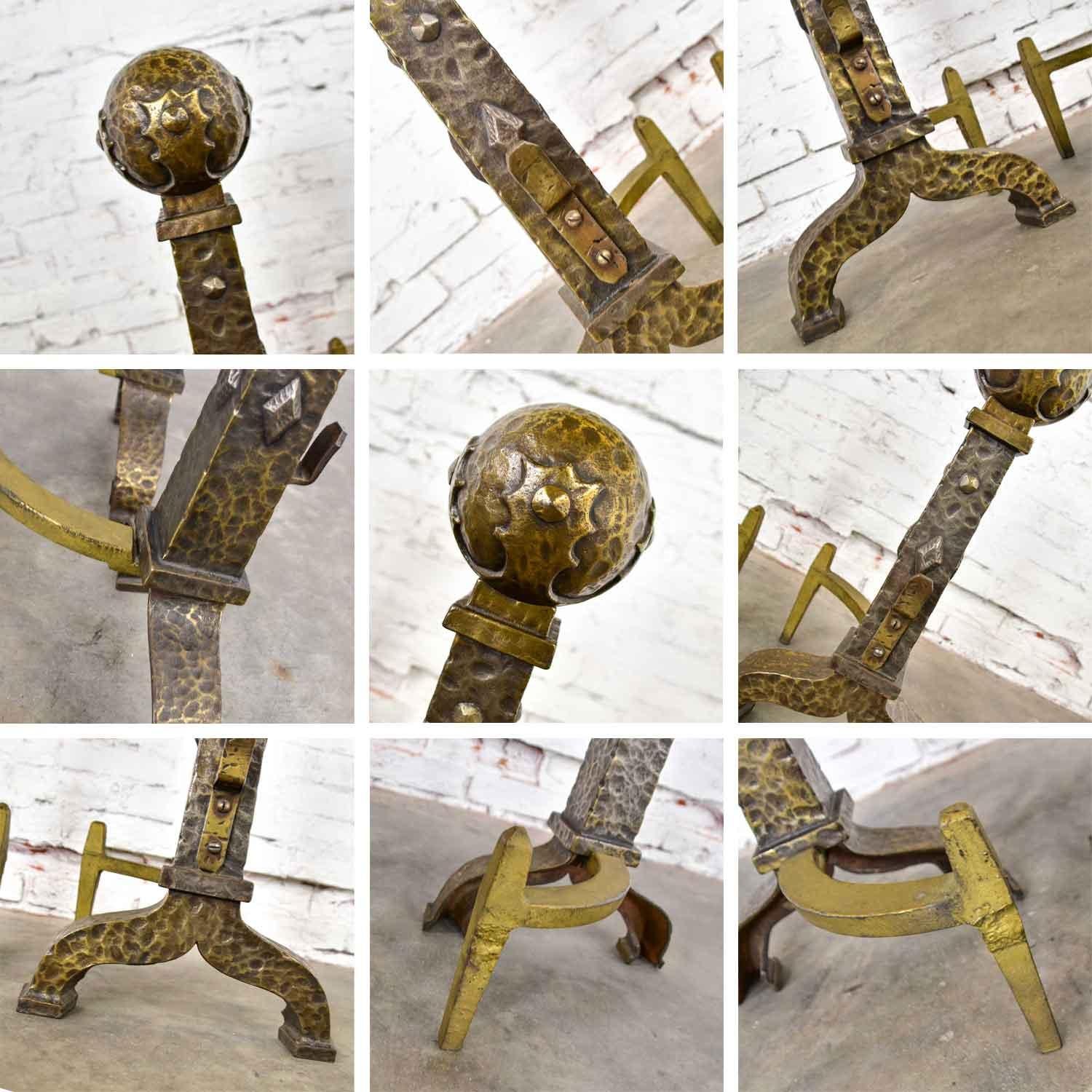 Large Cast Iron Bronze Plated Arts & Crafts Cannonball Andirons or Fire Dogs 5