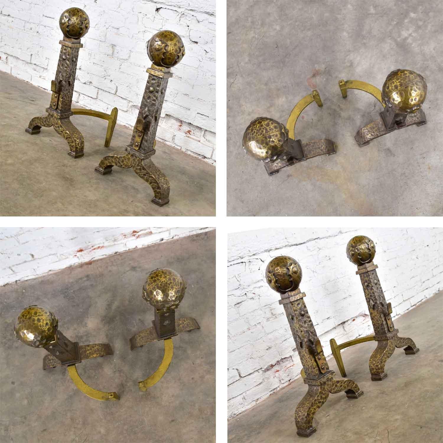 Large Cast Iron Bronze Plated Arts & Crafts Cannonball Andirons or Fire Dogs 6